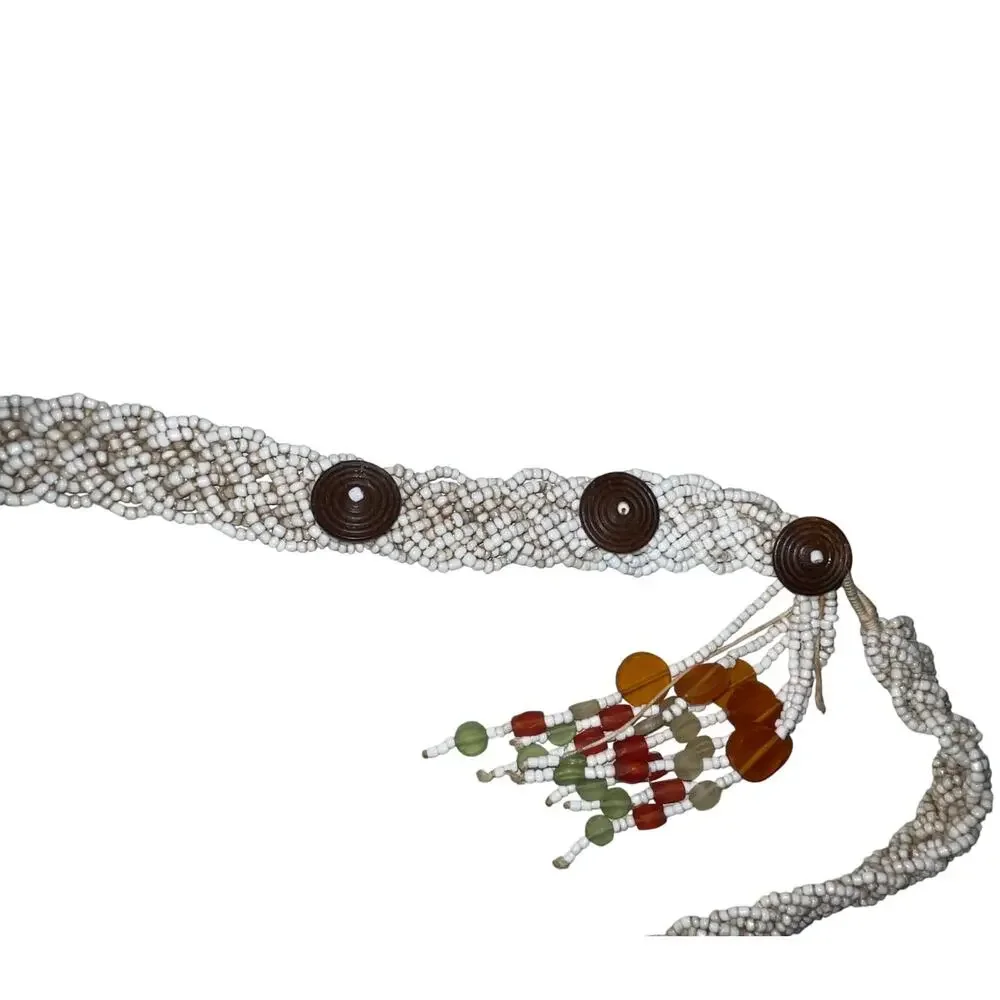 Anthropologie Braided Woven Beaded Belt with Wood Discs & Tassel Fringe